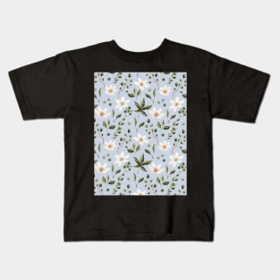 White Flowers and Green Leaves Pattern on Blue Kids T-Shirt